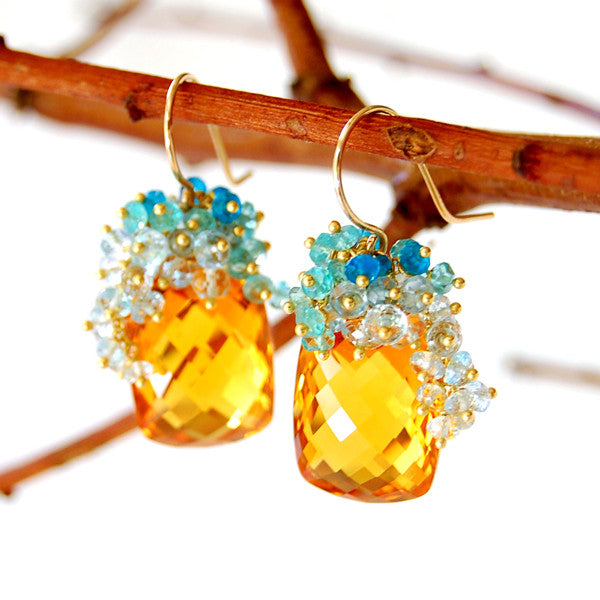 Unique Citrine Earrings, Summer Earrings, Bohemian Jewelry, Yellow Blue Earrings, Amazonite Earrings, hot Cluster Earrings, Small Drop Earrings