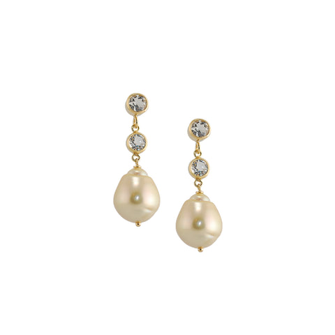 Saltwater Pearl Post Earrings with Two White Topaz