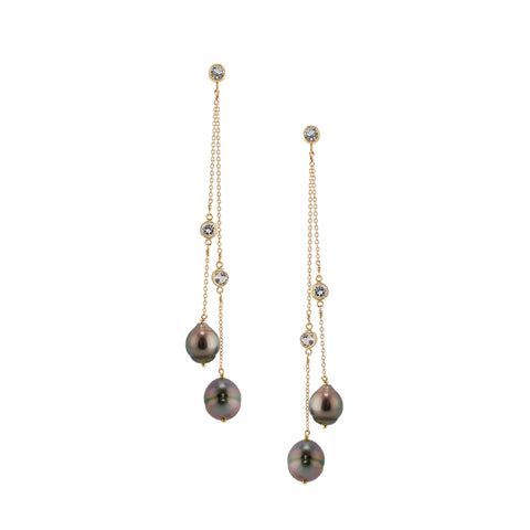 Double Strand Saltwater Pearl and White Topaz Long Earring