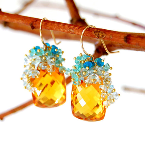 Citrine Earrings with Blue Topaz and Apatite Cluster in 14k Gold-fill