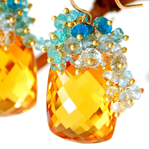 Citrine Earrings with Blue Topaz and Apatite Cluster in 14k Gold-fill
